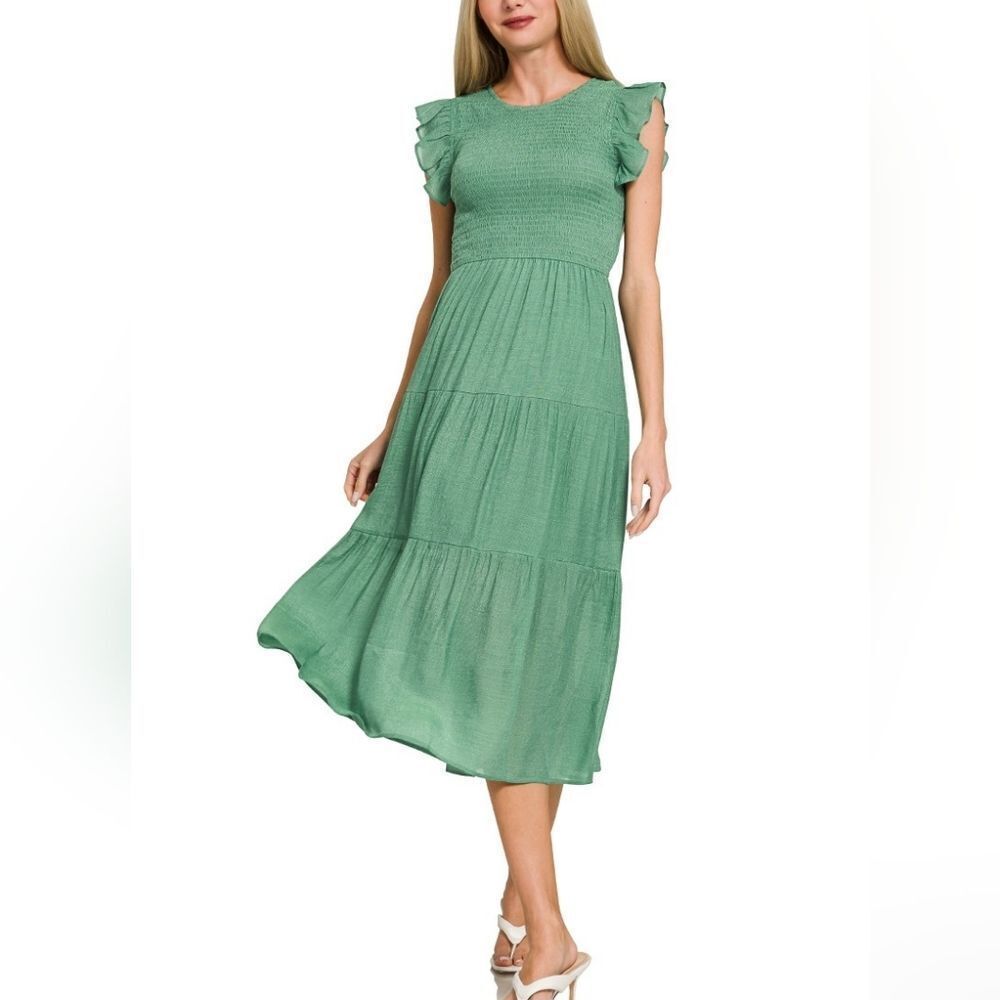 Zenana Women's Casual Woven Smocked Ruffle Sleeve Midi Dress in Green S M L